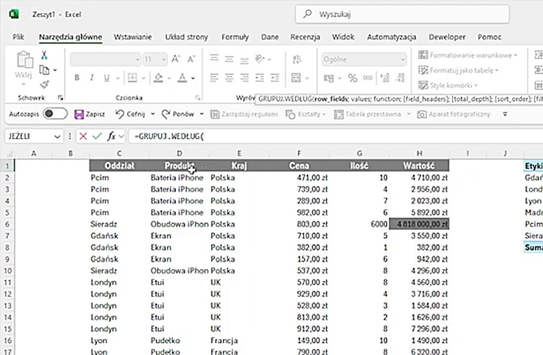 Formuła GRUPUJ.WEDŁUG w Excelu 365