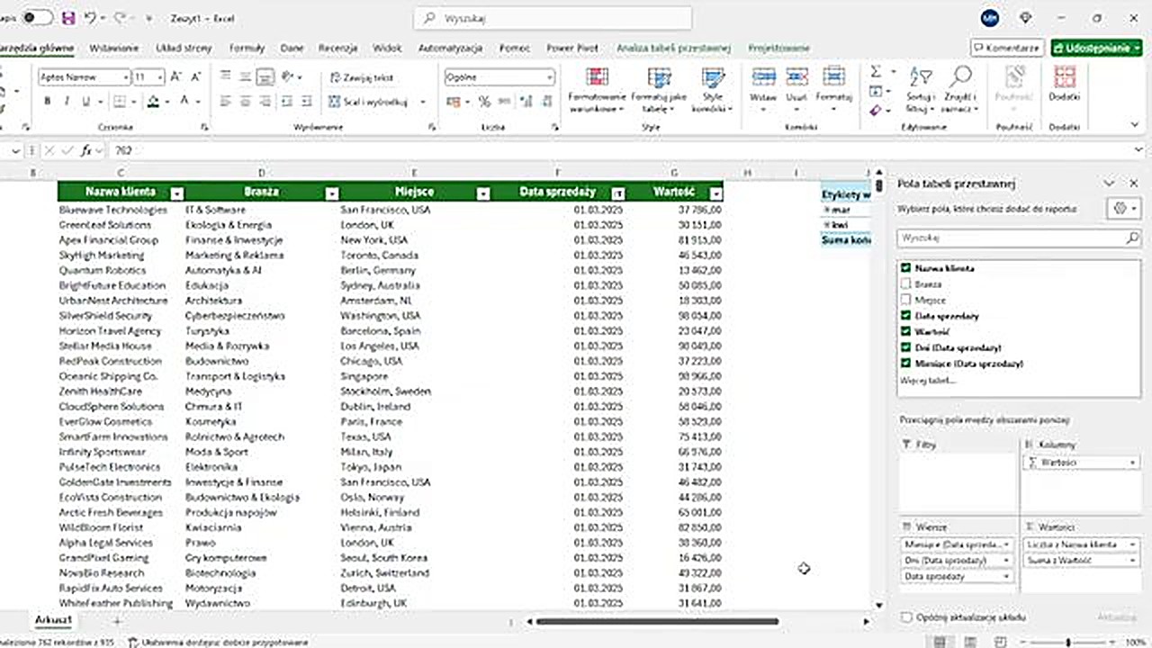 Ustawienia pola wartości - brak opcji unikatowych