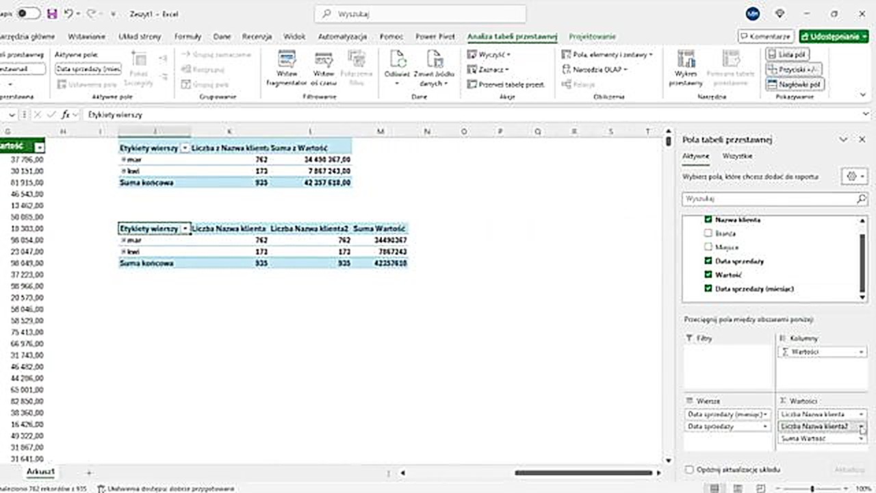 Opcja Liczba wartości odrębnych w modelu danych