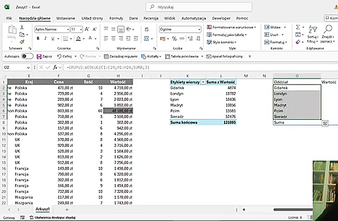 Wynik formuły GRUPUJ.WEDŁUG obok tabeli przestawnej