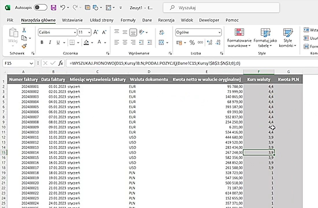 Wyniki - kursy walut przypisane do faktur
