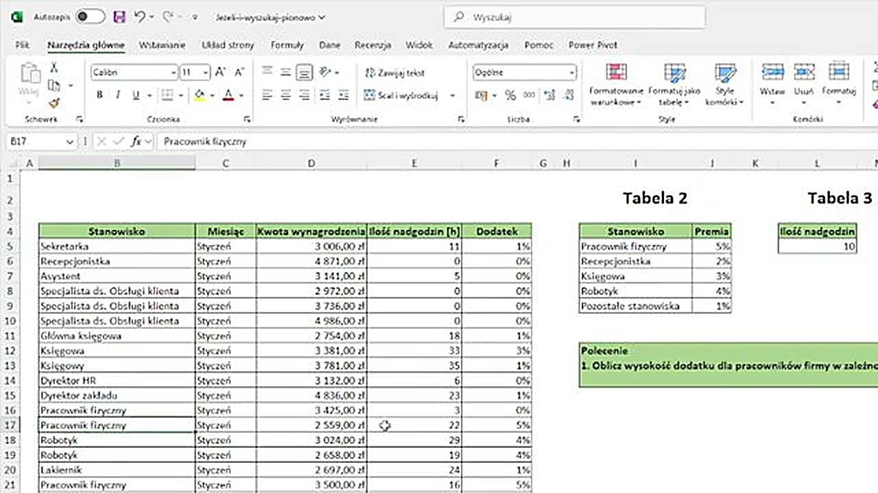 Wyniki formuły JEŻELI z X.WYSZUKAJ - premie pracowników