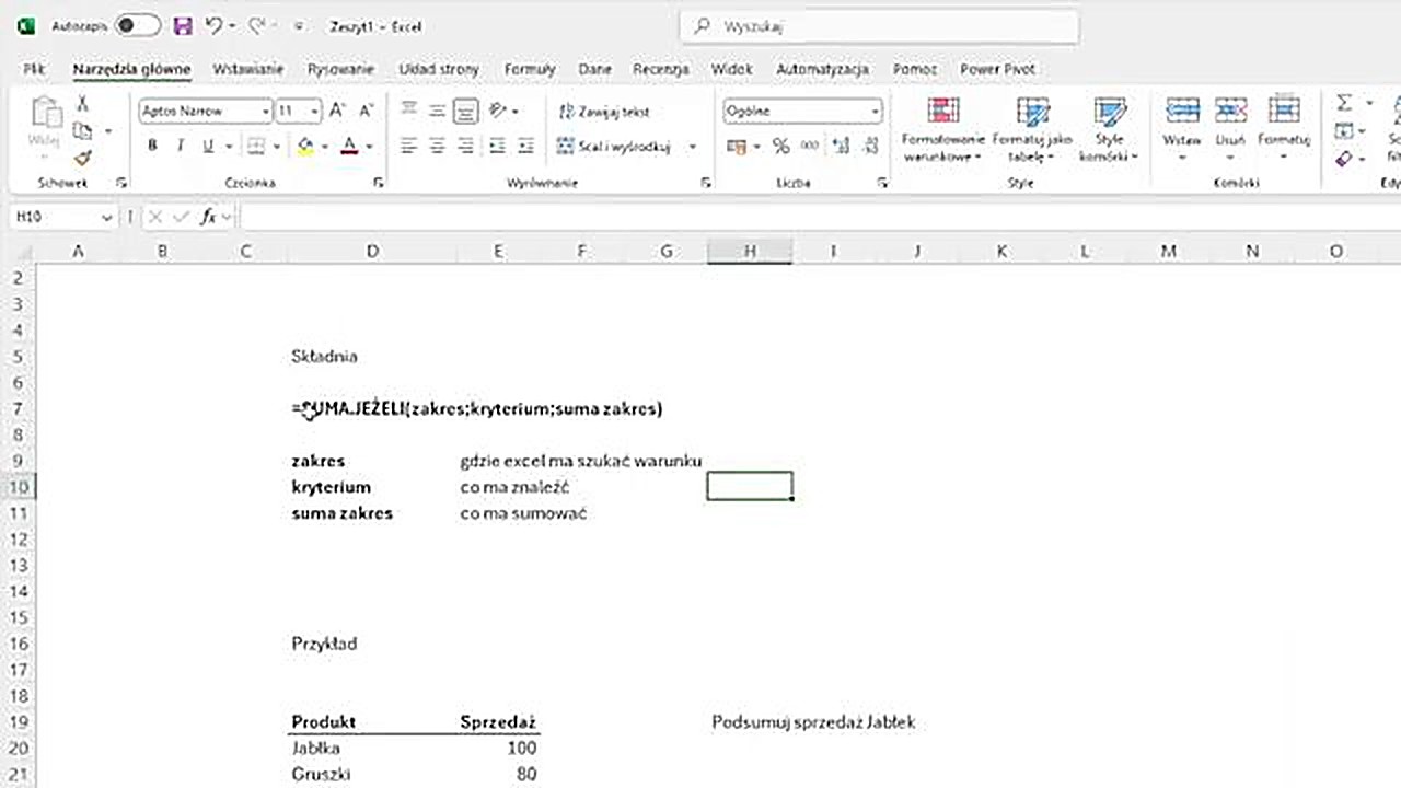 Składnia funkcji SUMA.JEŻELI w Excelu - zakres, kryterium, suma zakres