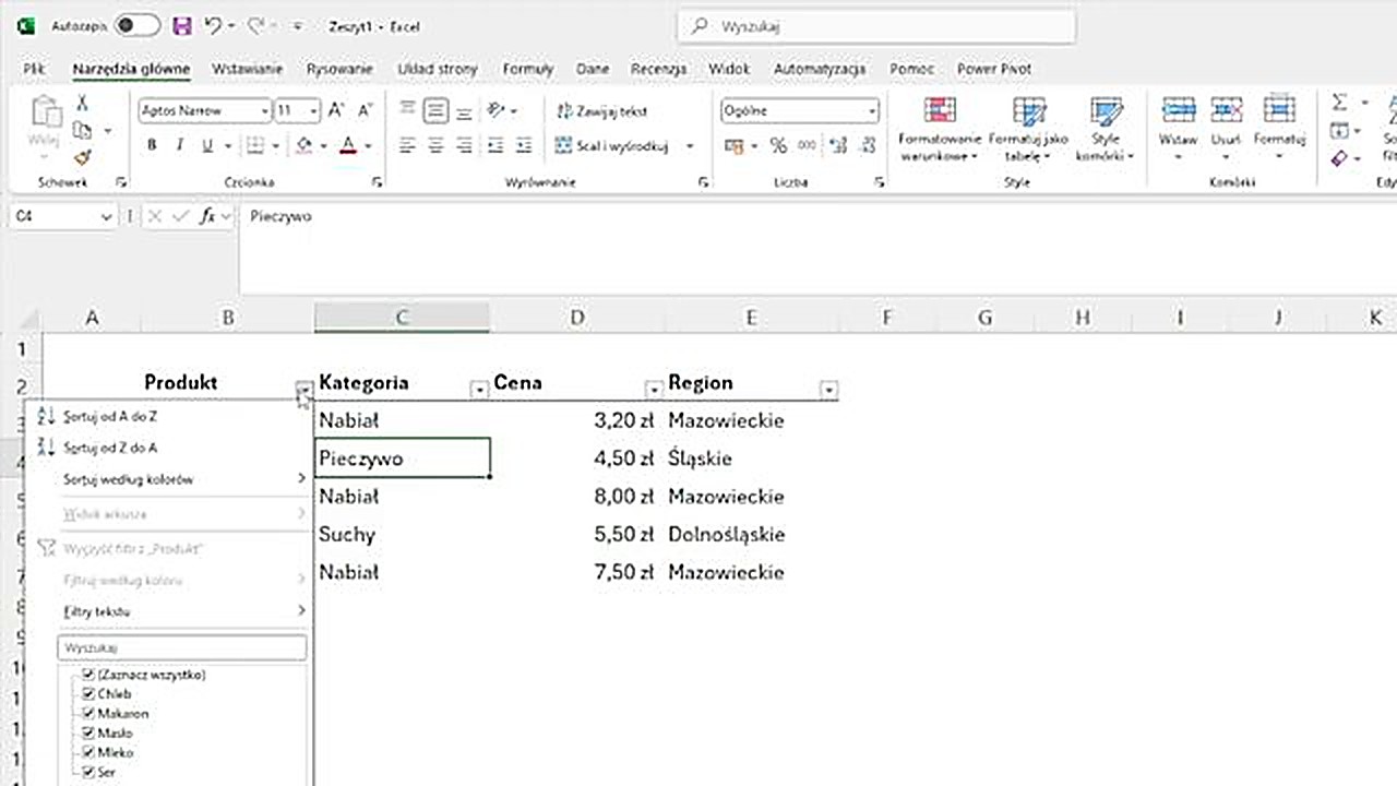 Aktywny filtr w Excelu - strzałki przy nagłówkach kolumn i lista wartości