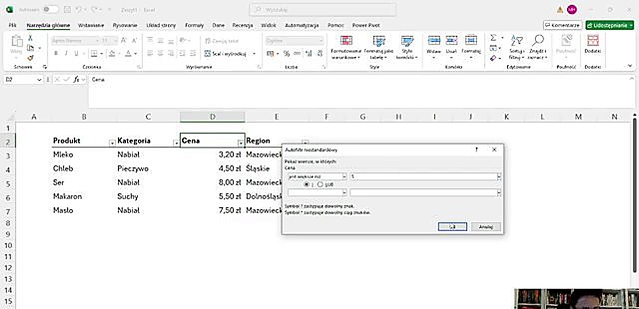 Autofiltr niestandardowy w Excelu - filtrowanie cen większych niż 5 złotych