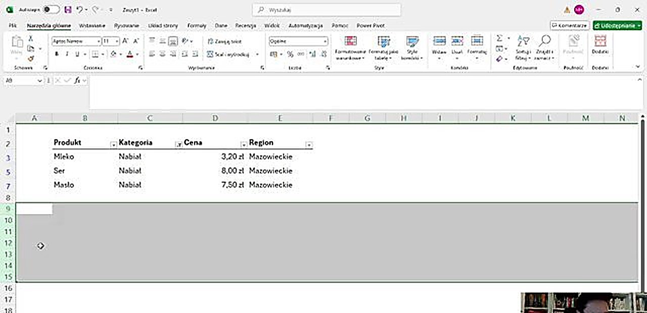 Filtrowanie kategorii Nabiał w Excelu - widoczne tylko 3 produkty nabiałowe