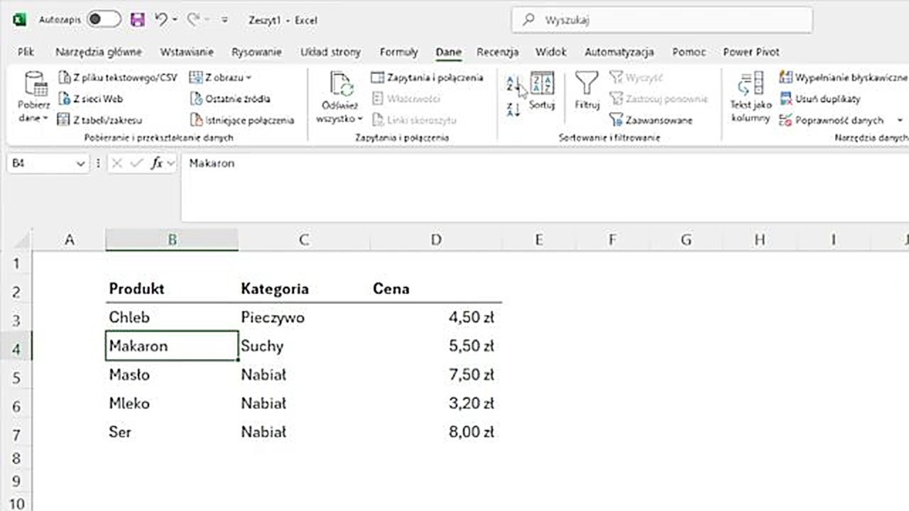 Sortowanie od A do Z w Excelu - karta Dane z opcjami sortowania