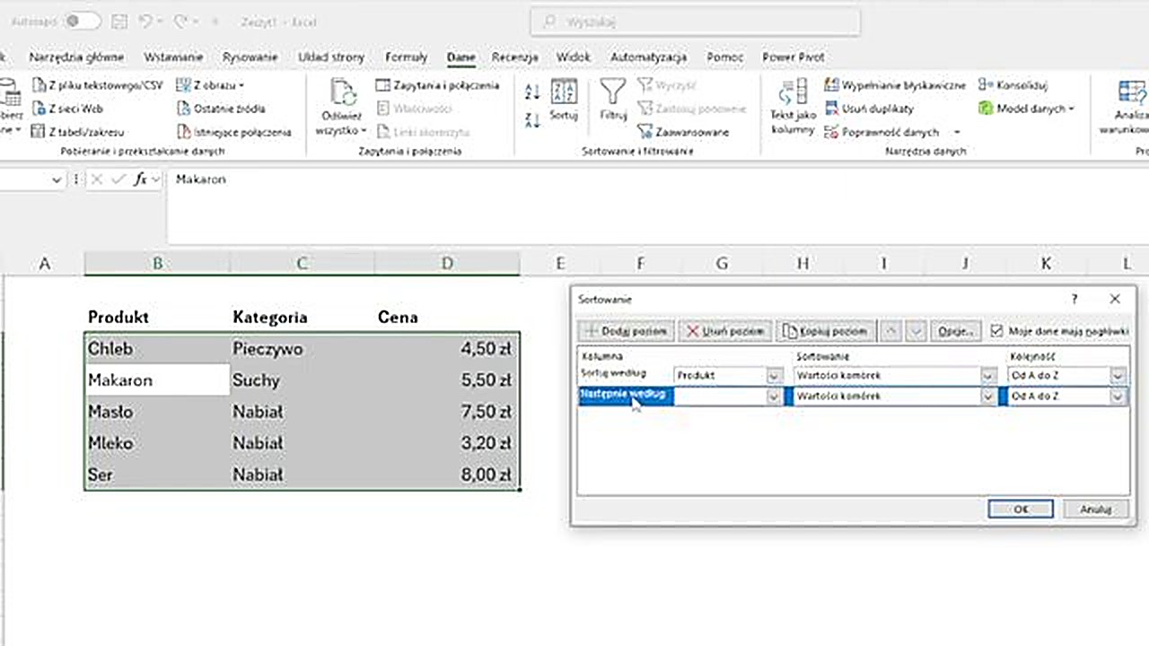 Sortowanie wielopoziomowe w Excelu - kreator z dwoma poziomami sortowania