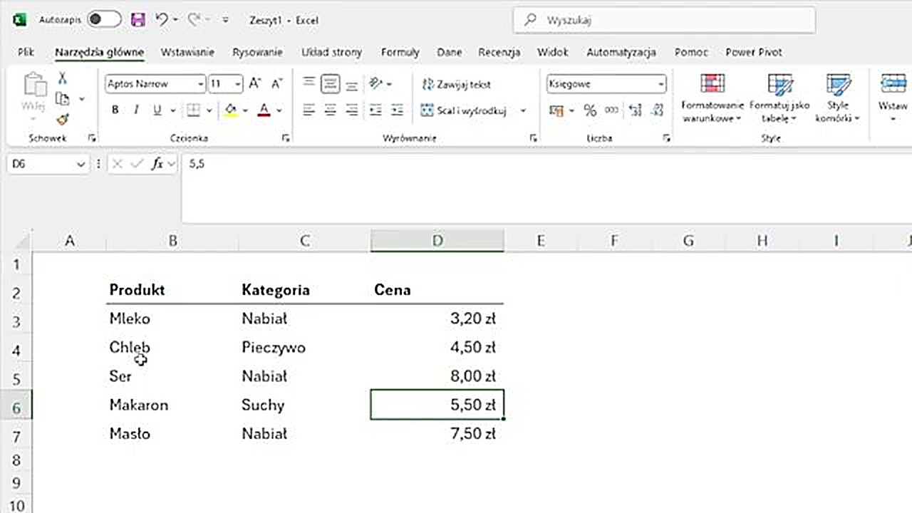 Tabela z danymi w Excelu - produkty, kategorie i ceny przed sortowaniem