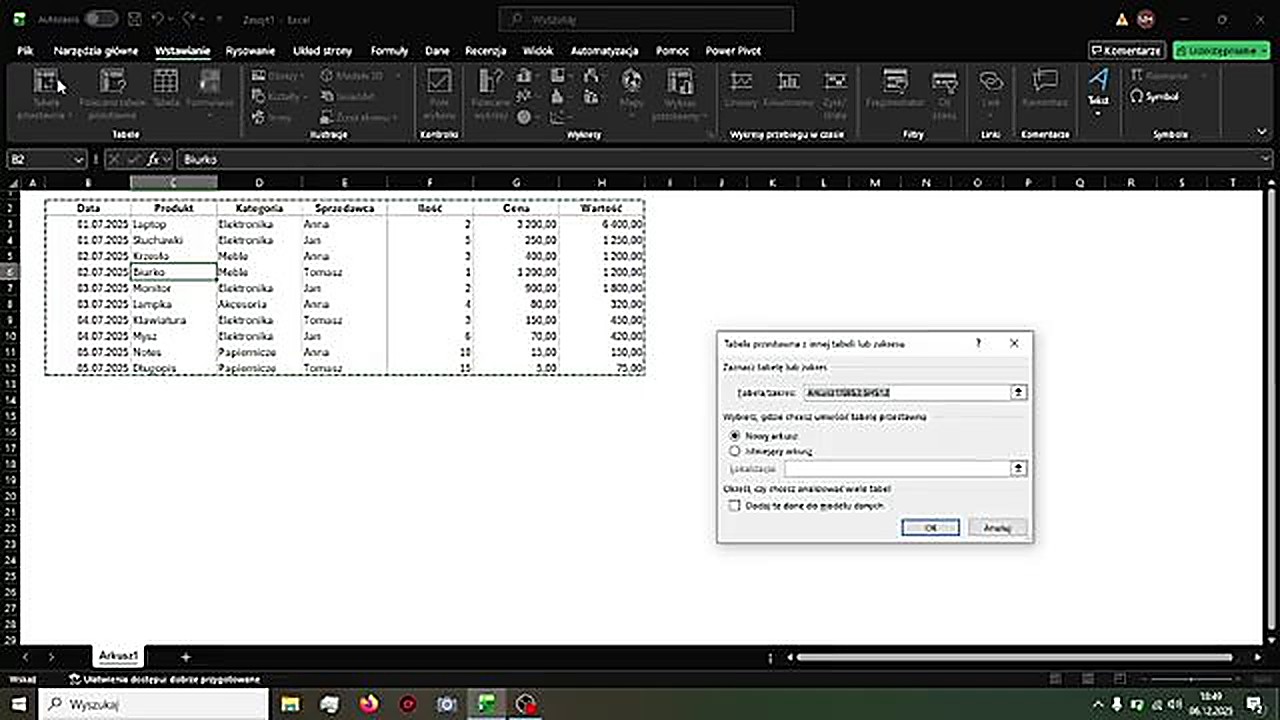 Wstawianie tabeli przestawnej w Excelu - okno dialogowe