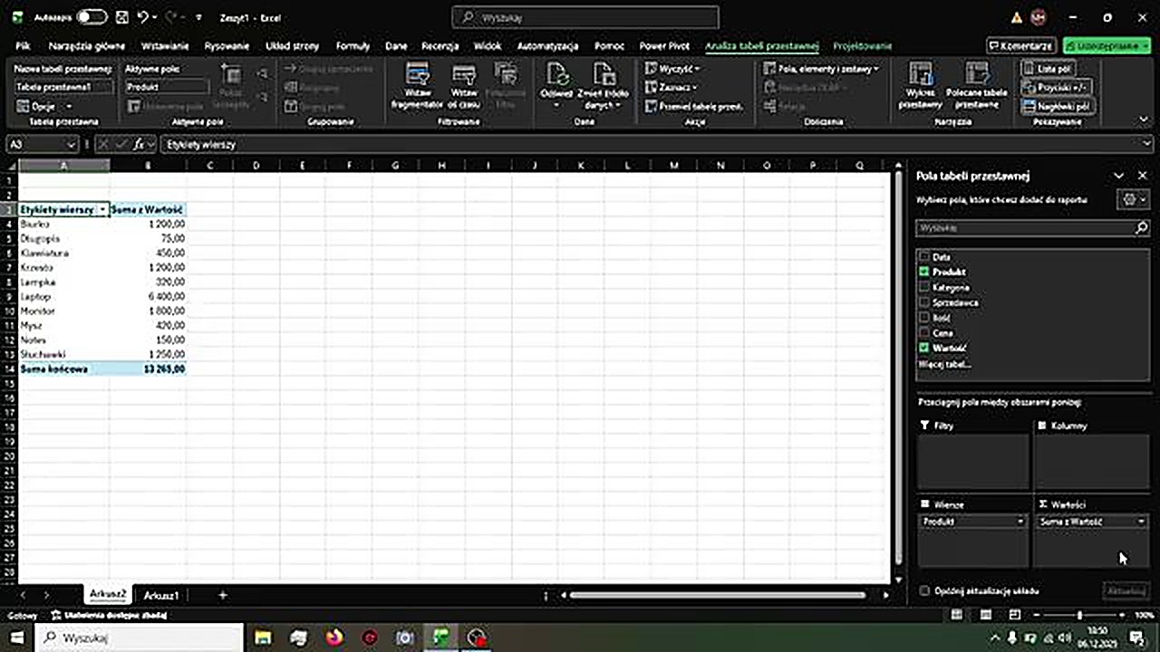 Tabela przestawna - sprzedaż per produkt