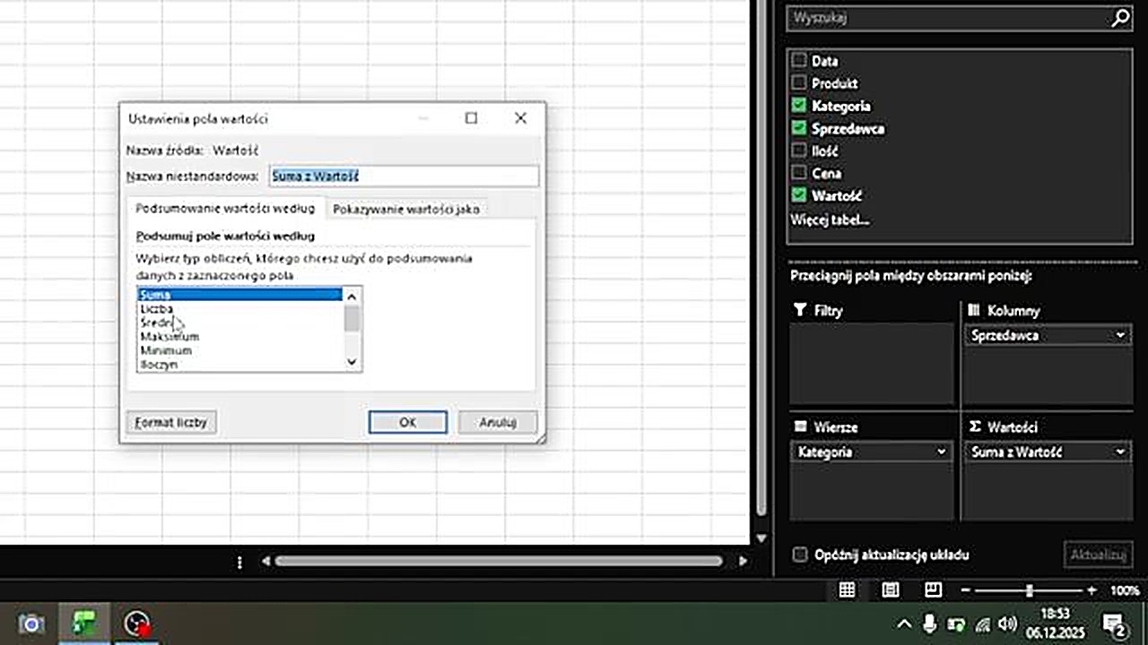 Ustawienia pola wartości w tabeli przestawnej - suma, średnia, liczba