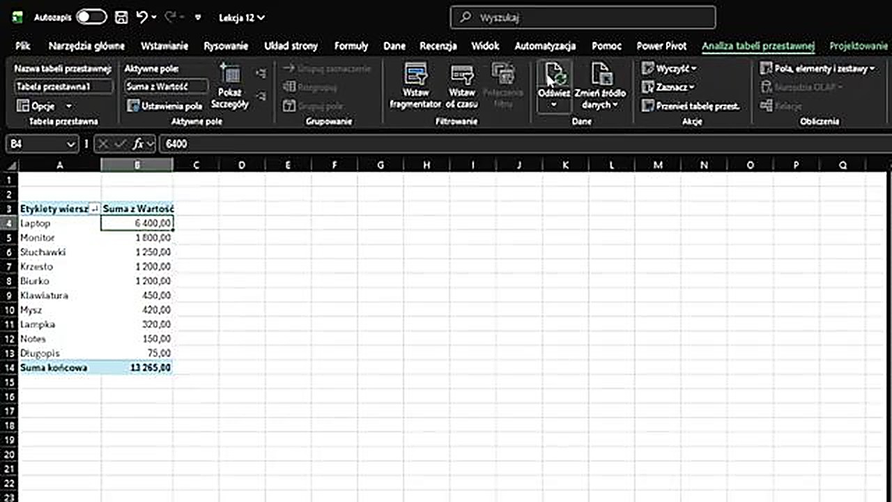 Odświeżanie tabeli przestawnej w Excelu - karta Analiza