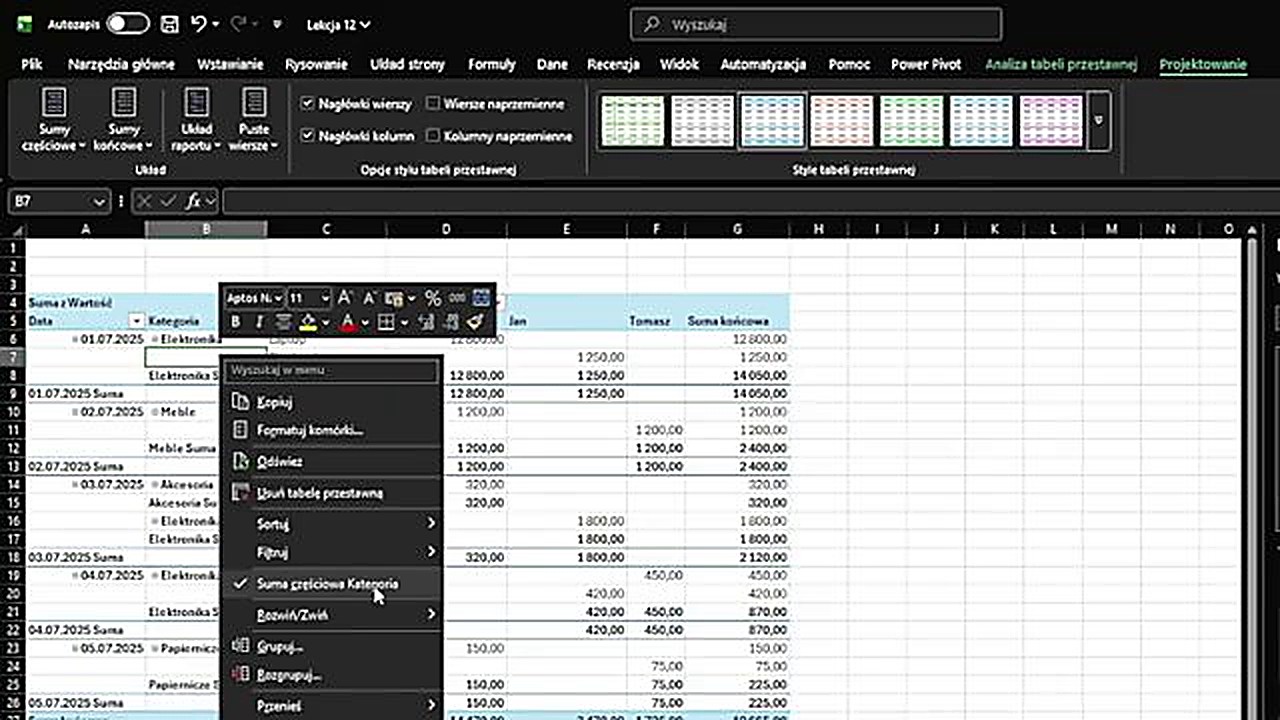 Wyłączanie sum częściowych w tabeli przestawnej