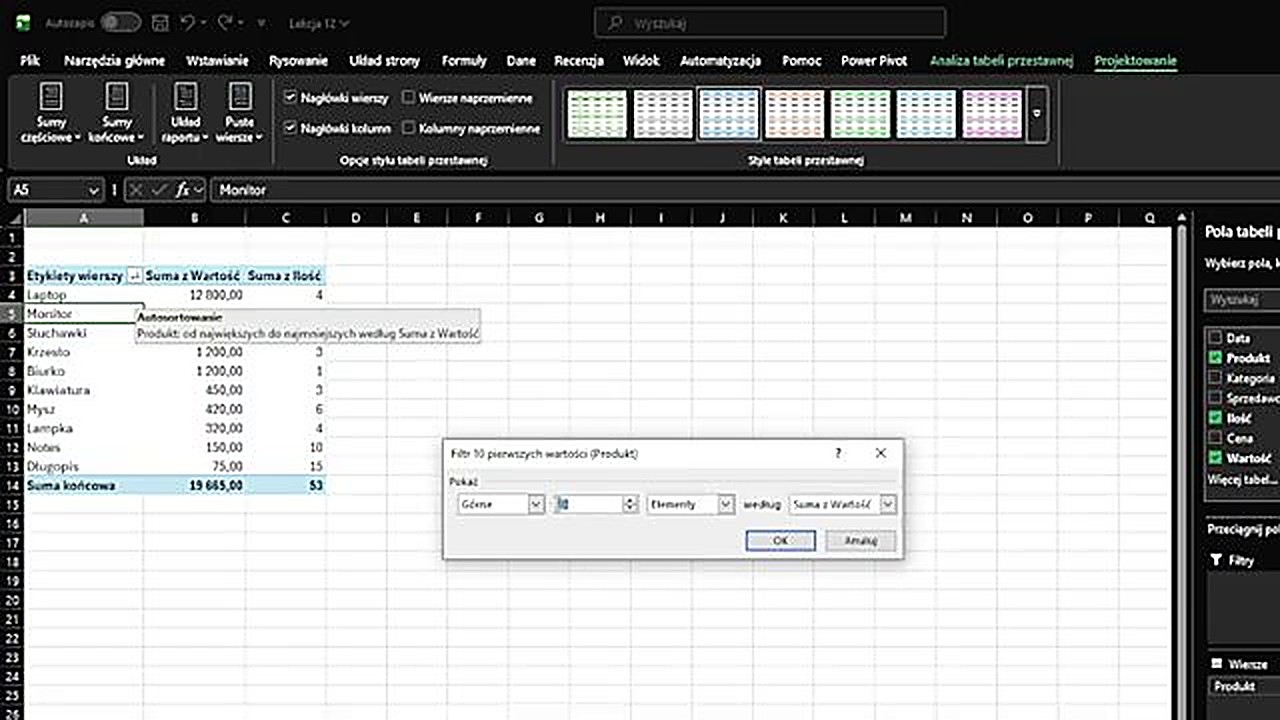 Filtr Top 3 w tabeli przestawnej Excela