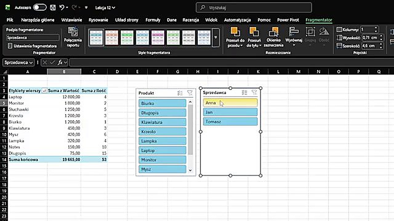 Fragmentatory (slicery) w tabeli przestawnej Excela