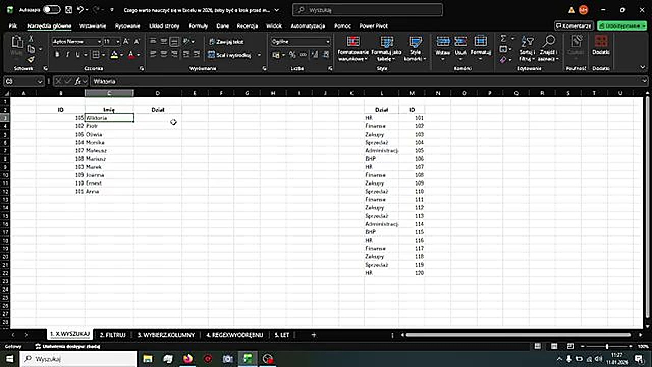 Formuła X.WYSZUKAJ w Excelu - wyszukiwanie ID i dopasowanie działu z tabeli pomocniczej