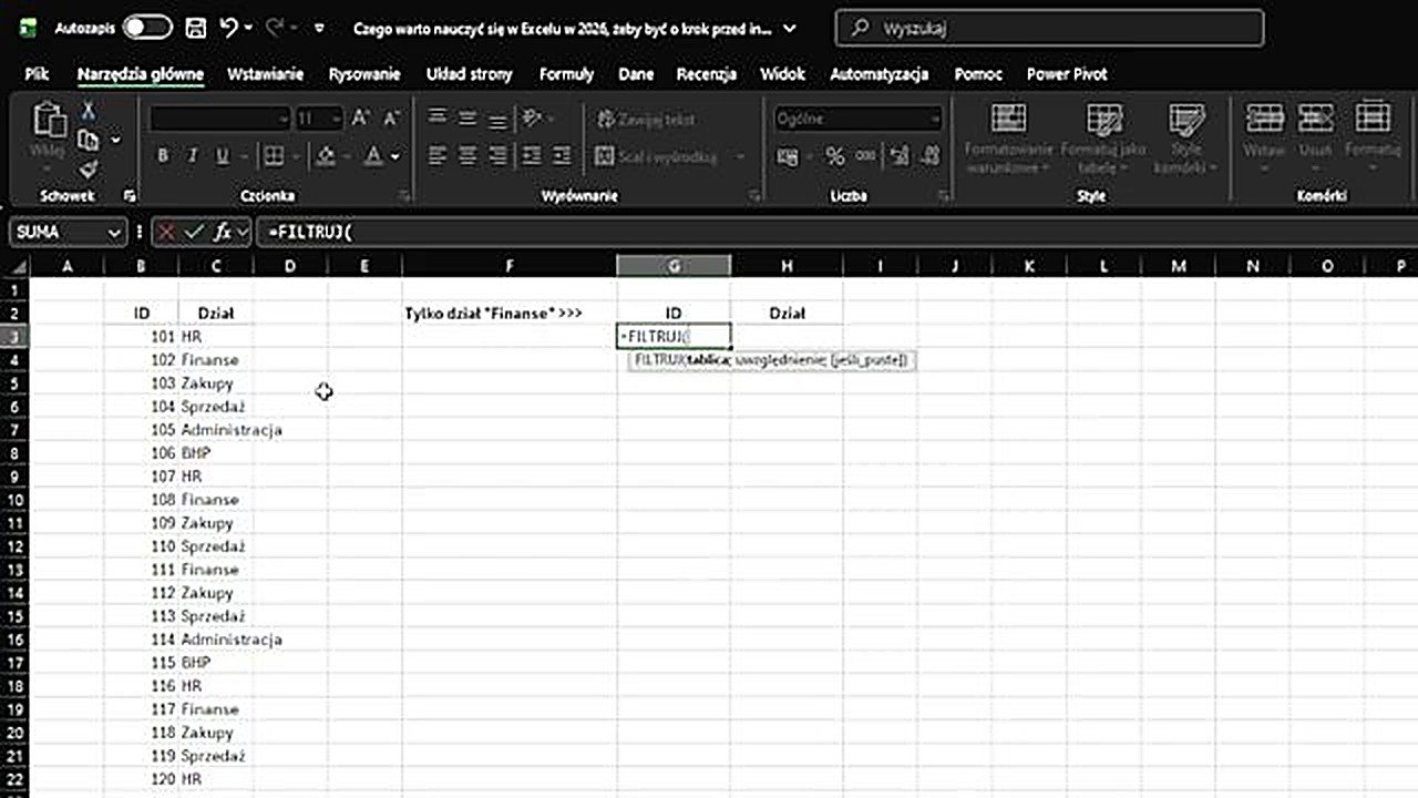 Formuła FILTRUJ w Excelu - filtrowanie tabeli z działami pracowników po dziale Finanse