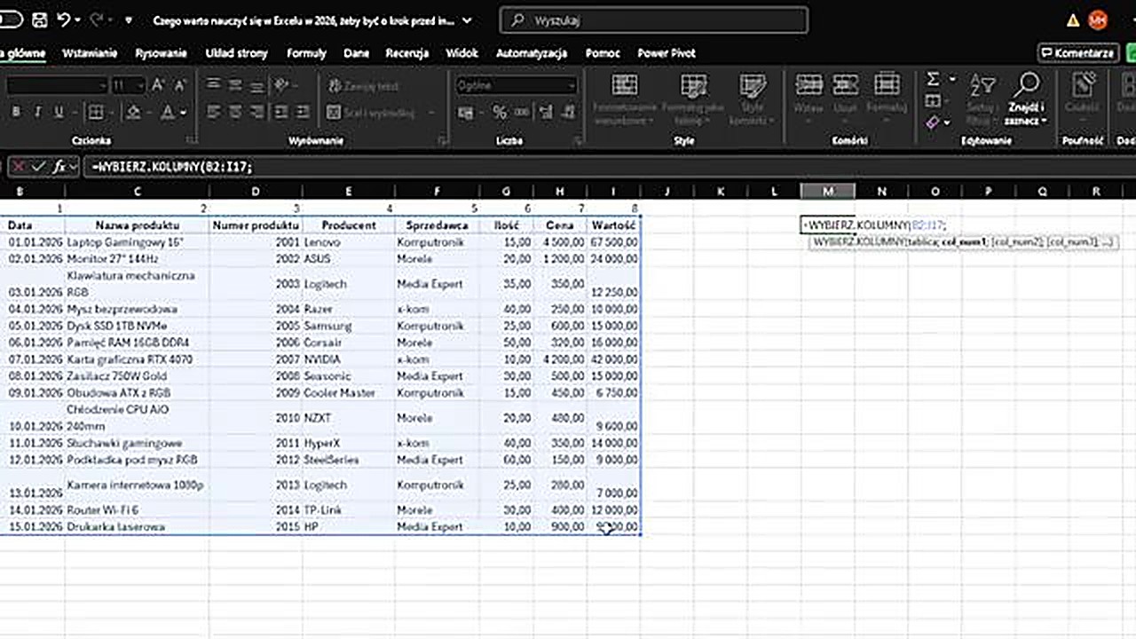 Formuła WYBIERZ.KOLUMNY w Excelu - wyciąganie kolumn 3, 5 i 8 z dużej tabeli produktów