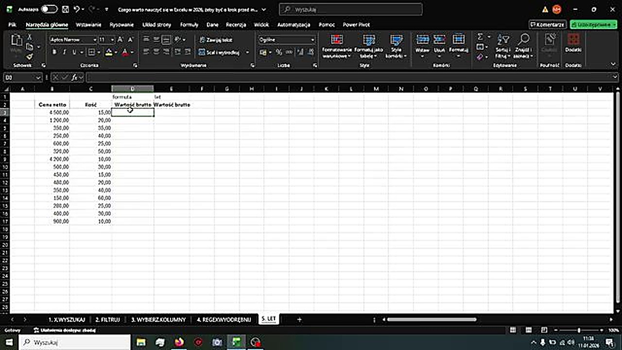 Formuła LET w Excelu - definiowanie zmiennej 'podstawa' jako ilość razy cena, potem mnożenie przez VAT