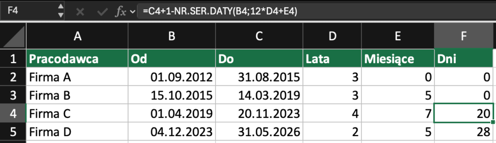 Staż pracy w Excelu: lata, miesiące i dni dla każdego okresu zatrudnienia