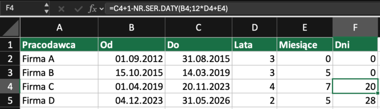 Staż pracy w Excelu: lata, miesiące i dni dla każdego okresu zatrudnienia