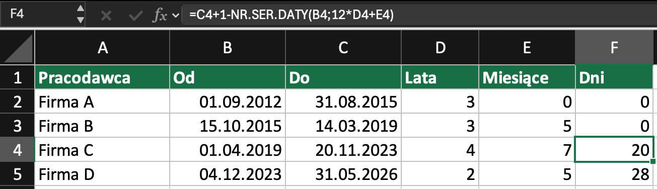 Staż pracy w Excelu: lata, miesiące i dni dla każdego okresu zatrudnienia z DATA.RÓŻNICA i NR.SER.DATY