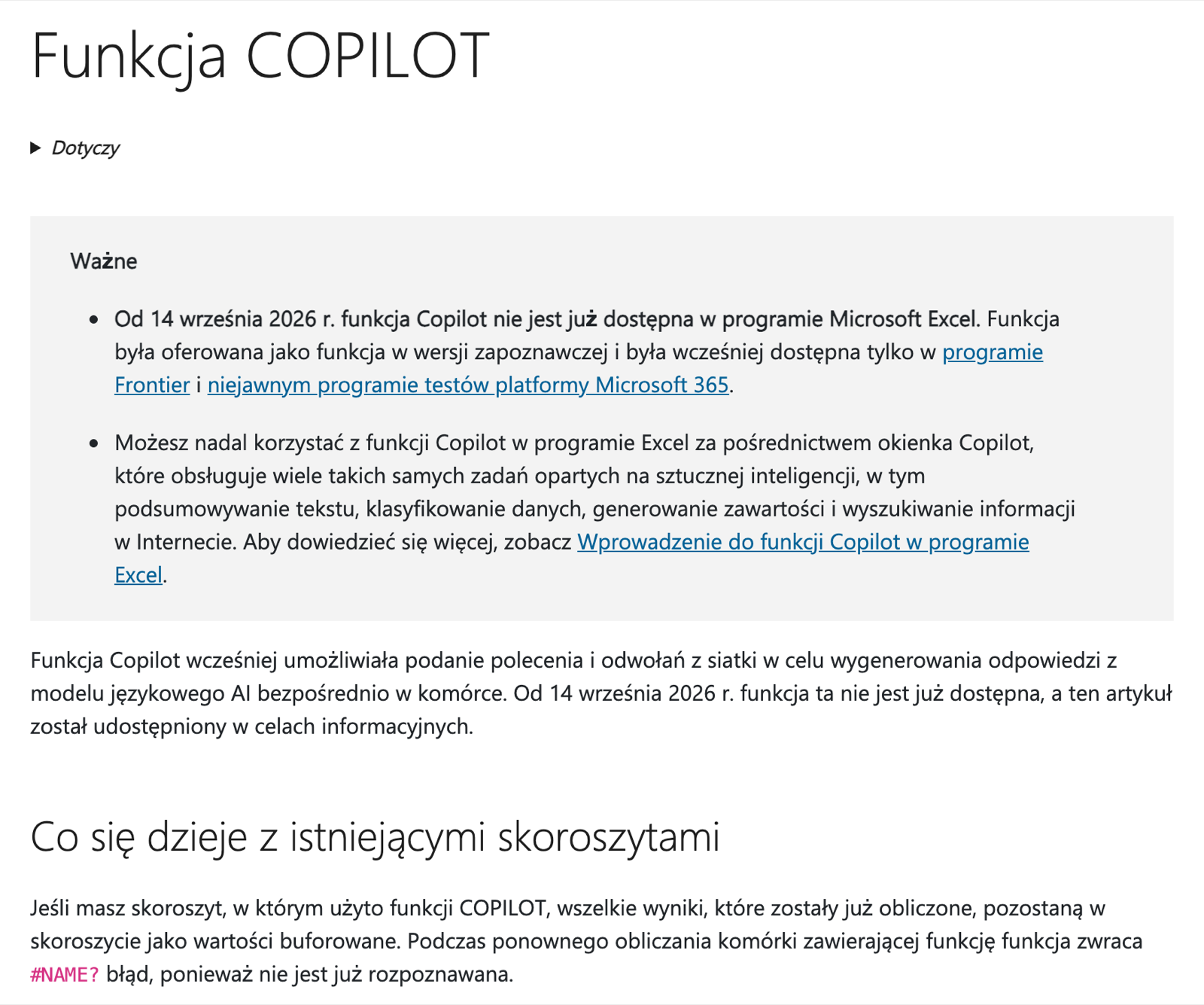 Strona Microsoftu o wycofaniu funkcji COPILOT z Excela od 14 września 2026