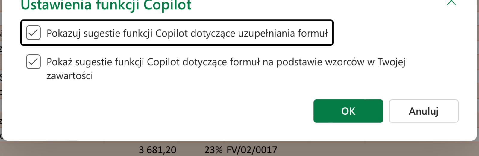 Okno Ustawienia funkcji Copilot z dwoma polami wyboru sugestii formuł