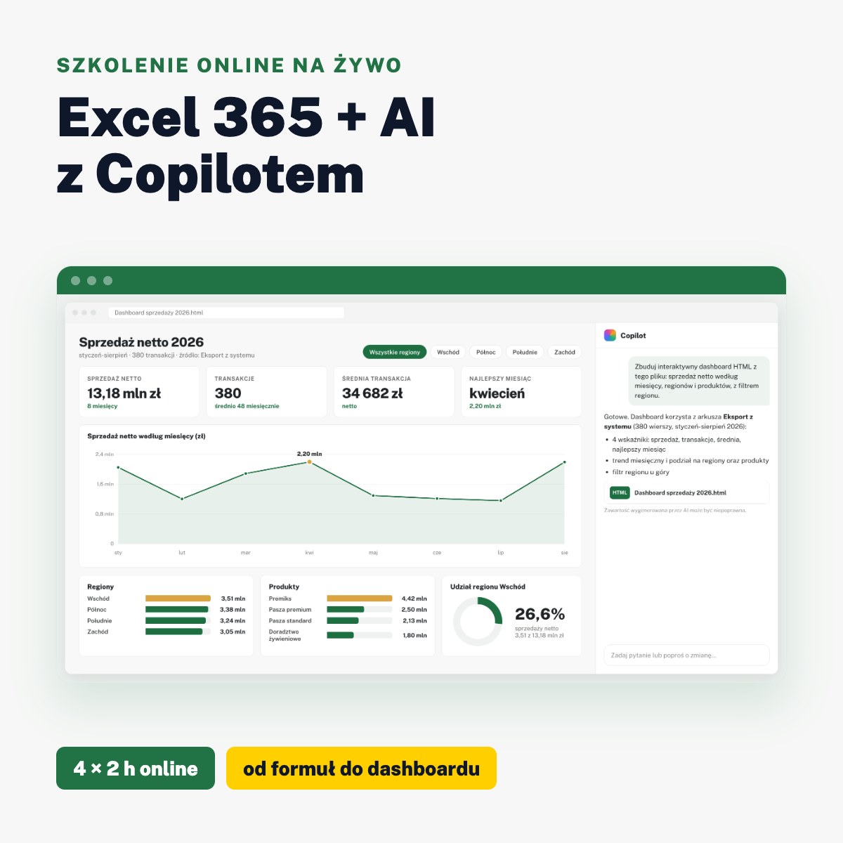 Szkolenie Excel 365 + AI z Copilotem: dashboard sprzedaży zbudowany z Copilotem w Excelu